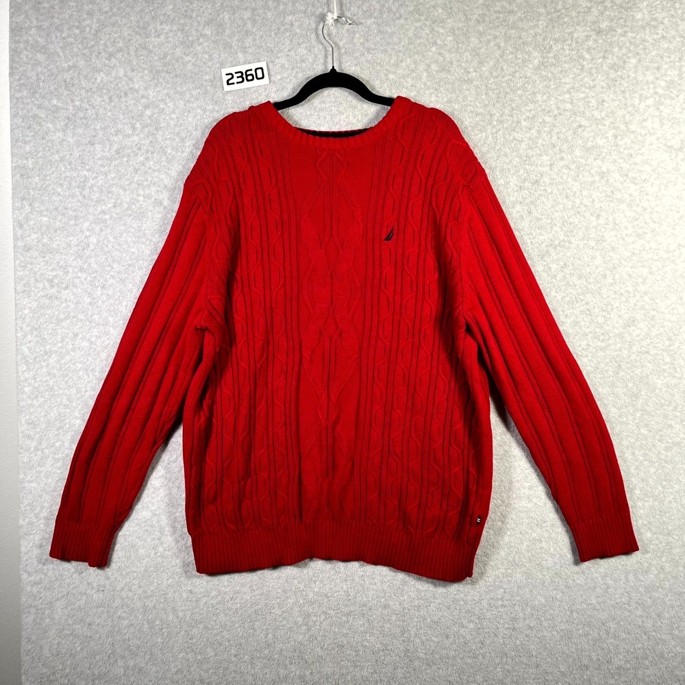 Nautica Sweater Womens XL Red Cotton Cable Knit Ribbed Hem Winter Wear Cozy